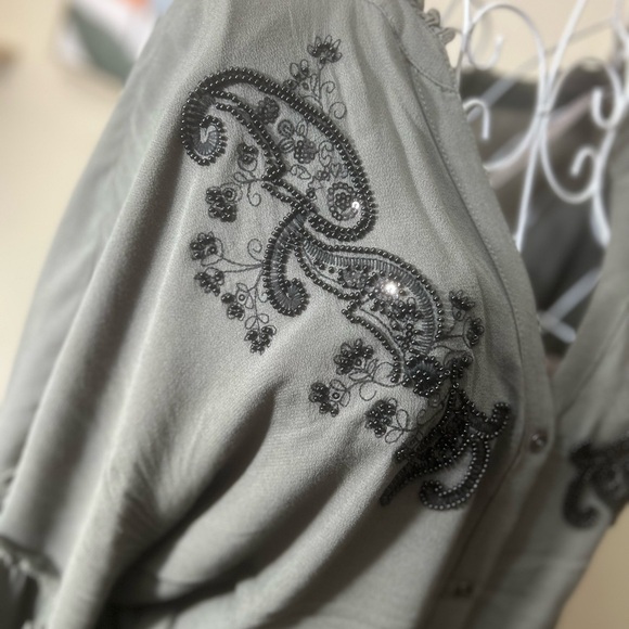 Democracy Sage Green Blouse with Black Beaded Detailing - Picture 2 of 5